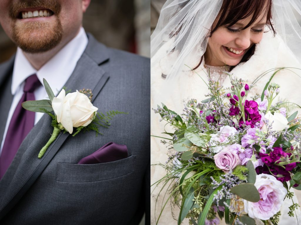 Bloomington IL wedding photographer, Central Illinois wedding photographer, Peoria IL wedding photographer, Champaign IL wedding photographer, winter wedding, grey white and purple wedding colors, groom and bride purple floral details