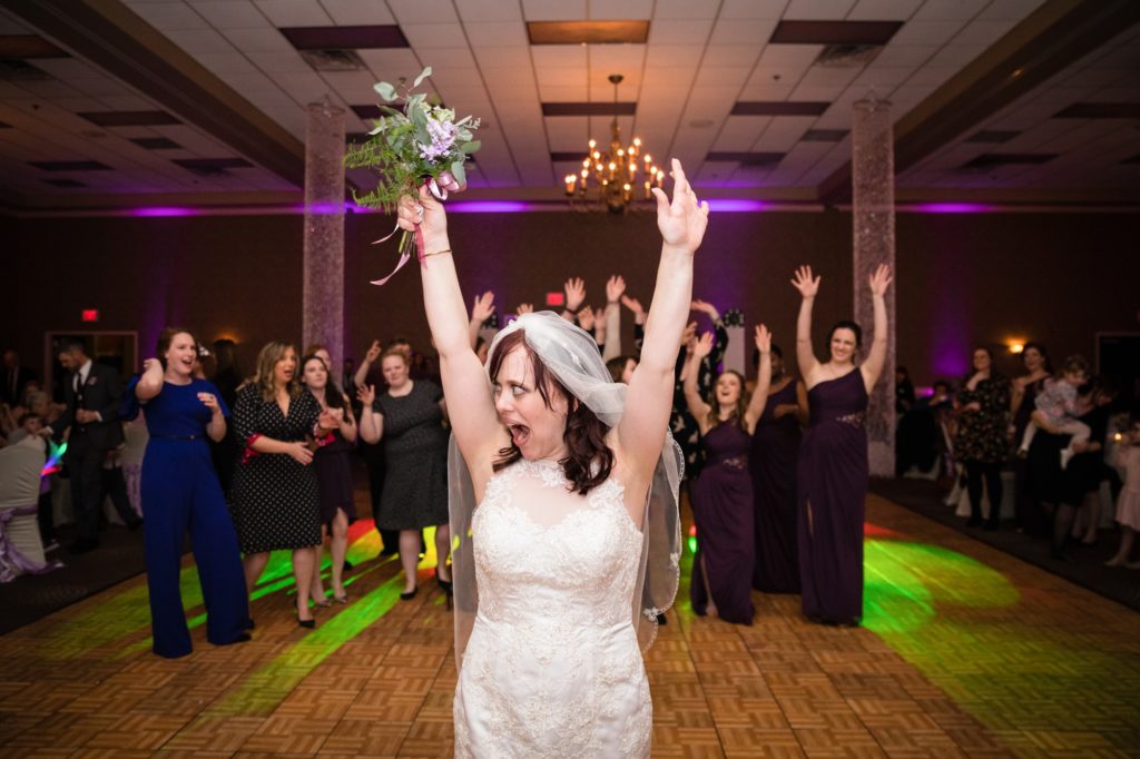 Bloomington IL wedding photographer, Central Illinois wedding photographer, Peoria IL wedding photographer, Champaign IL wedding photographer, winter wedding, grey white and purple wedding colors, glow stick wedding reception, bouquet toss