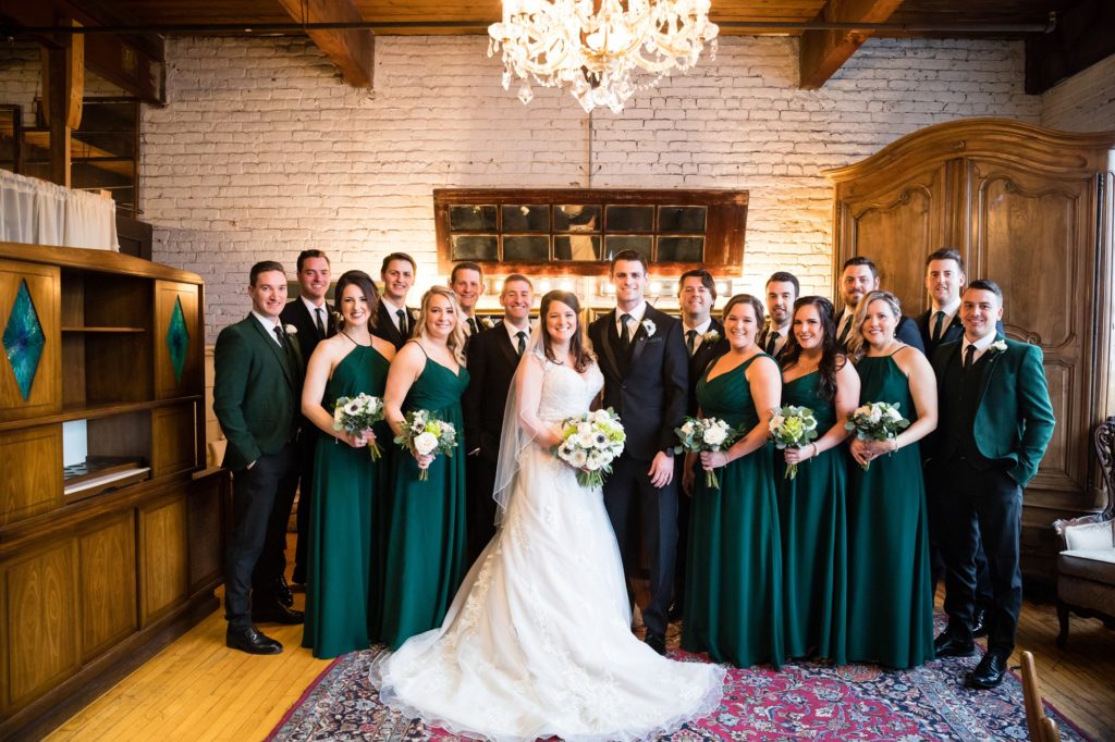 Bloomington IL wedding photographer, Central Illinois wedding photographer, Peoria IL wedding photographer, Champaign IL wedding photographer, indoor wedding, black and green wedding colors, vintage inspired wedding, emerald green wedding, wedding party, bridal party