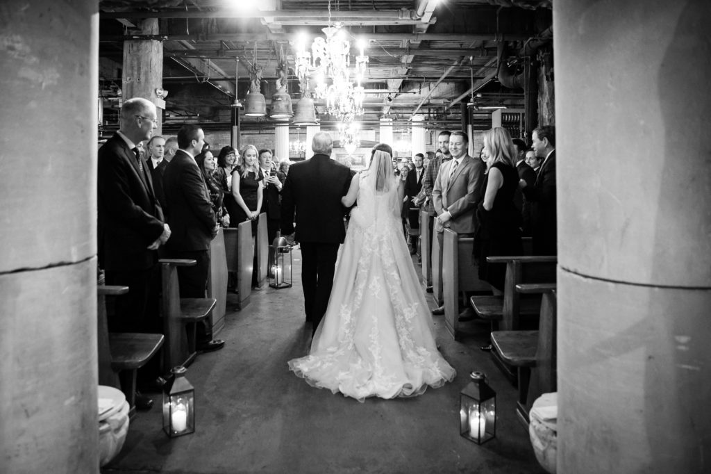 Bloomington IL wedding photographer, Central Illinois wedding photographer, Peoria IL wedding photographer, Champaign IL wedding photographer, indoor wedding, black and green wedding colors, vintage inspired wedding, emerald green wedding, bride walking down aisle with father
