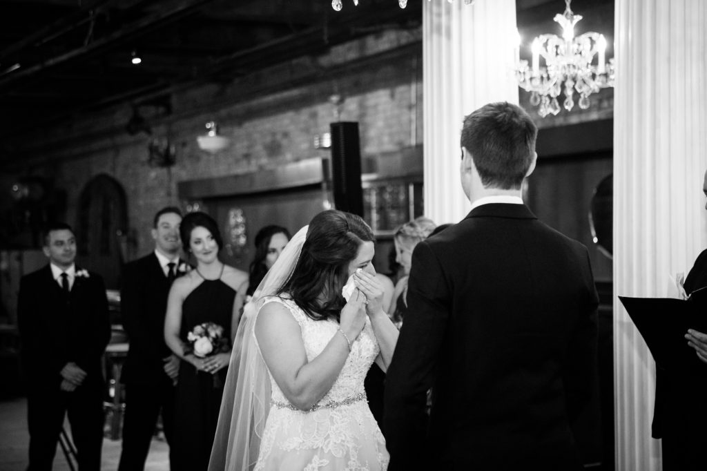 Bloomington IL wedding photographer, Central Illinois wedding photographer, Peoria IL wedding photographer, Champaign IL wedding photographer, indoor wedding, black and green wedding colors, vintage inspired wedding, emerald green wedding, indoor wedding ceremony, bride crying at ceremony