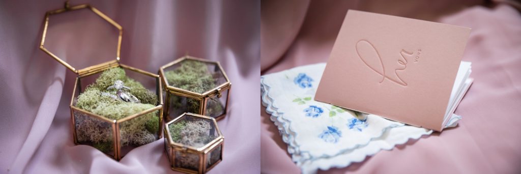Bloomington IL wedding photographer, Central Illinois wedding photographer, Peoria IL wedding photographer, Champaign IL wedding photographer, blush pink and navy blue wedding colors, romantic wedding, pink her vows book, ring shot with moss and glass jewelry box