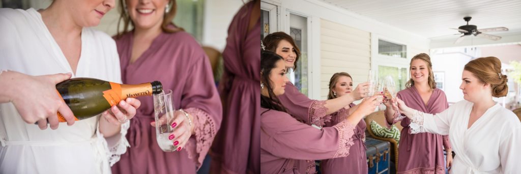 Bloomington IL wedding photographer, Central Illinois wedding photographer, Peoria IL wedding photographer, Champaign IL wedding photographer, blush pink and navy blue wedding colors, romantic wedding, bridesmaids toasting in pink robes