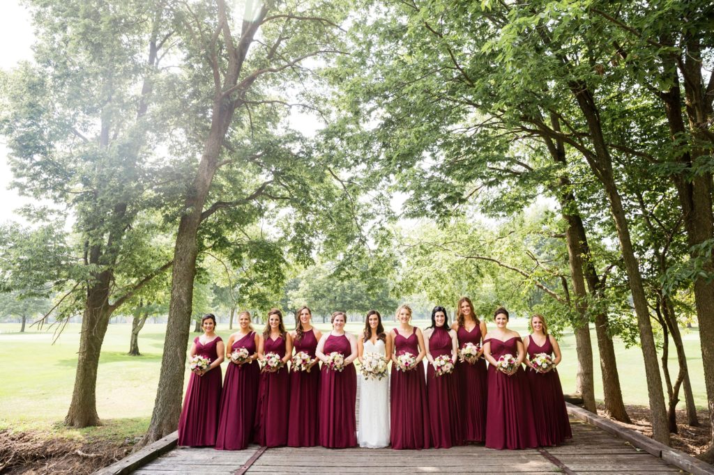 Bloomington IL wedding photographer, Central Illinois wedding photographer, Peoria IL wedding photographer, Champaign IL wedding photographer, wedding party portraits, bridal party portraits, red bridesmaids dresses, red and grey wedding colors