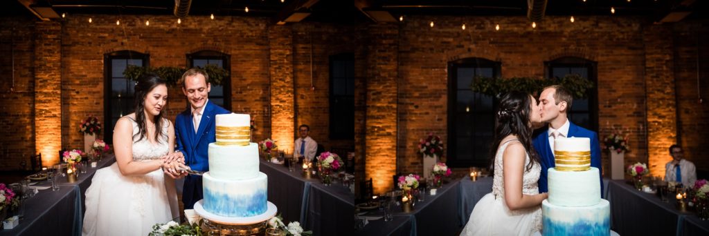 Bloomington IL wedding photographer, Central Illinois wedding photographer, Peoria IL wedding photographer, Champaign IL wedding photographer, royal and baby blue wedding colors, industrial wedding reception, blue and gold reception details, cake cutting