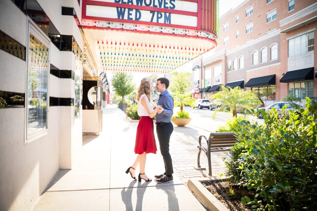 Bloomington IL engagement session, Central Illinois engagement photographer, what to wear for your engagement session, couple's portraits, engaged couple, outdoor engagement, formal engagement photos, retro movie theatre engagement session