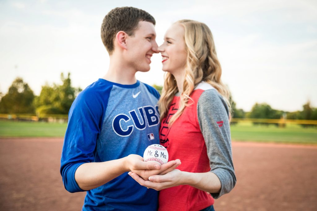Bloomington IL engagement session, Central Illinois engagement photographer, what to wear for your engagement session, couple's portraits, engaged couple, outdoor engagement, formal engagement photos, baseball engagement session, sports teams engagement outfits, save the date baseball photos