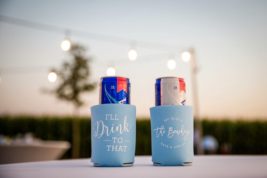 Bloomington IL wedding photographer, Central Illinois wedding photographer, Peoria IL wedding photographer, Champaign IL wedding photographer, farm wedding, rustic wedding, blue and grey wedding colors, wedding reception on farm, tented outdoor reception, custom wedding drink coozies