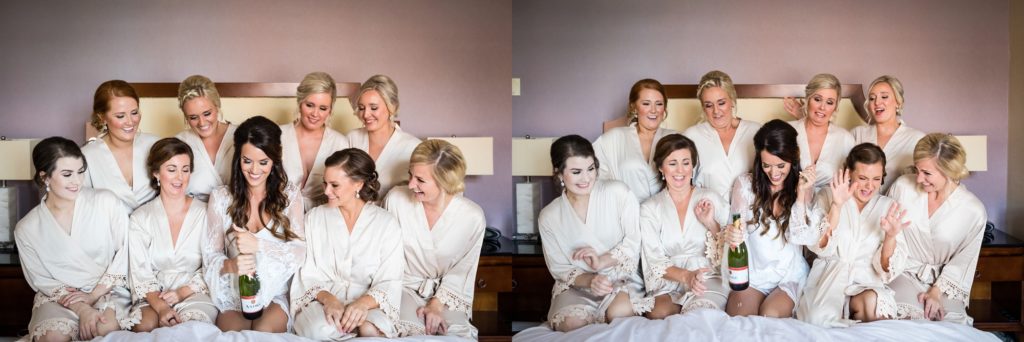Bloomington IL wedding photographer, Central Illinois wedding photographer, Peoria IL wedding photographer, Champaign IL wedding photographer, classic wedding inspiration, bride and bridesmaids popping champagne