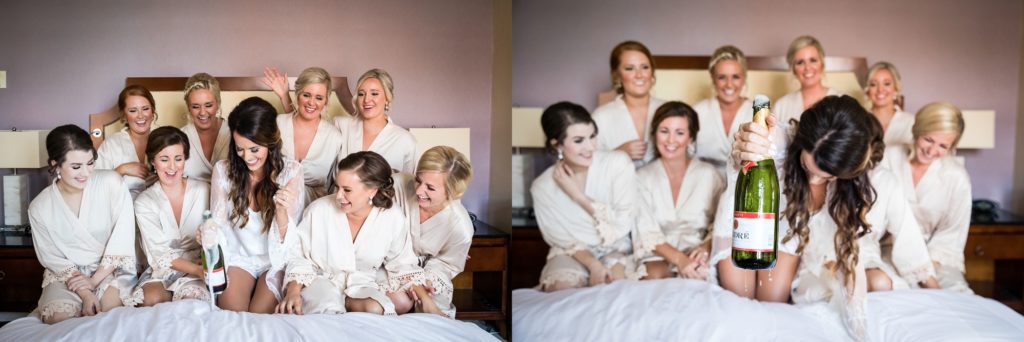 Bloomington IL wedding photographer, Central Illinois wedding photographer, Peoria IL wedding photographer, Champaign IL wedding photographer, classic wedding inspiration, bride and bridesmaids popping champagne